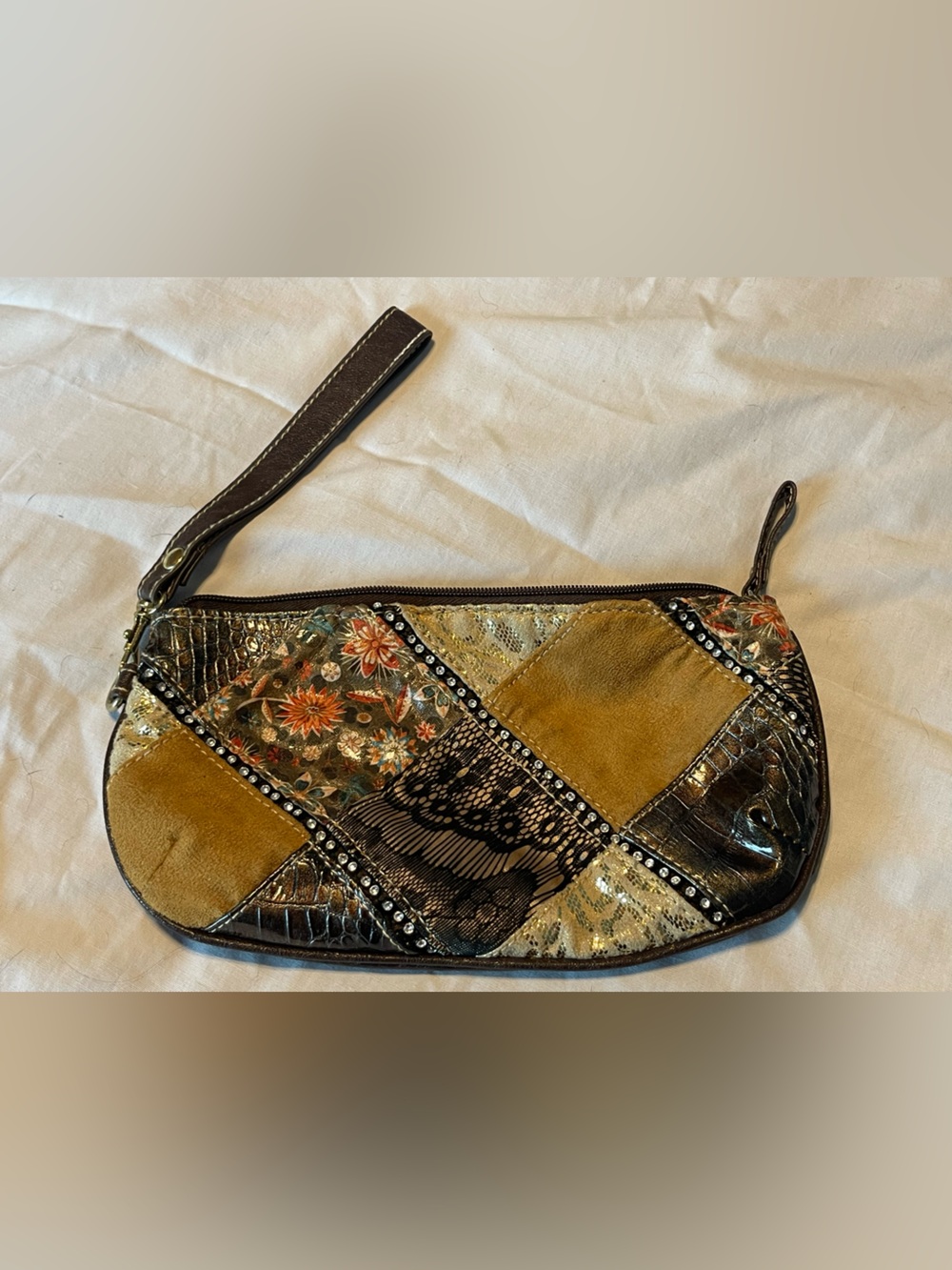 Chateau Patchwork Embellished Clutch in Mustard and Brown